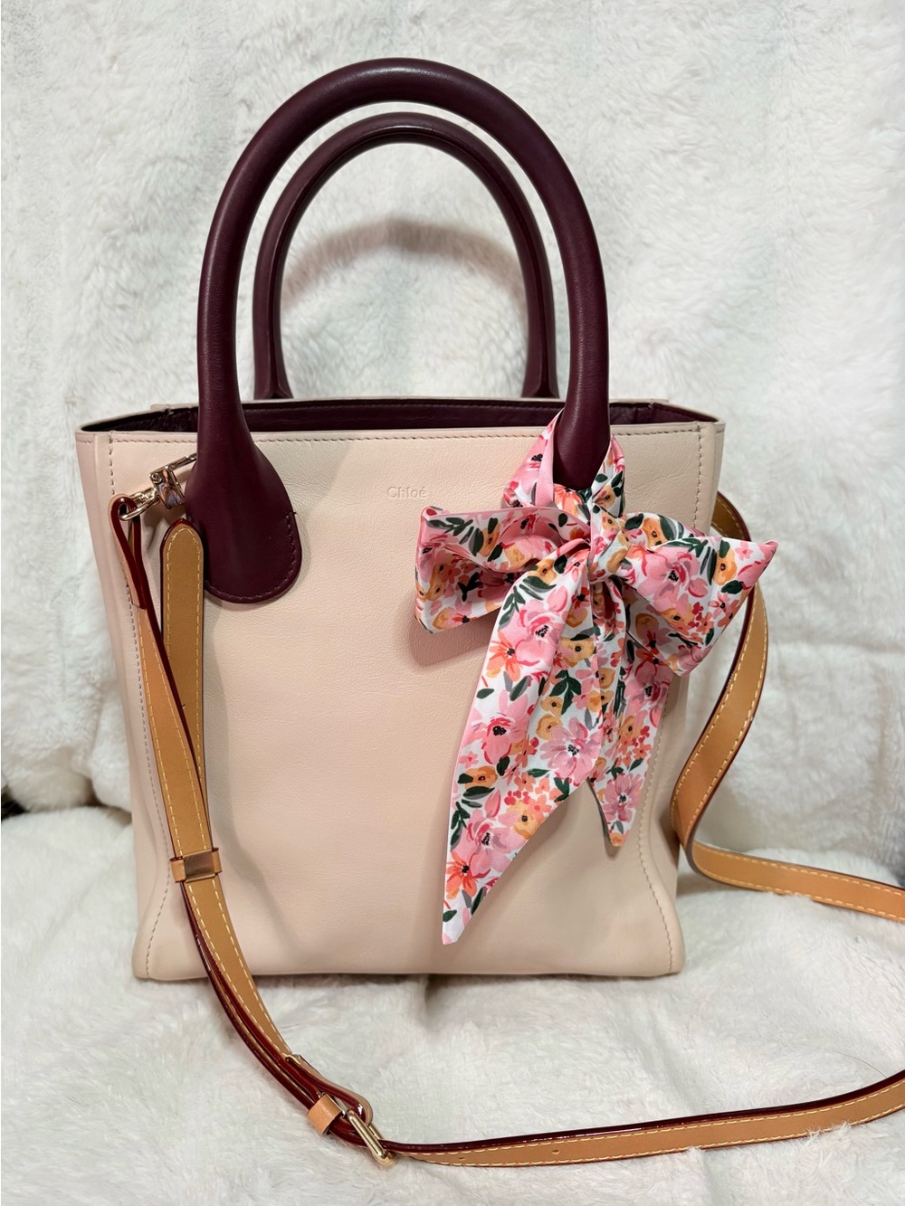 Chloe Beige Tote with Burgundy Handles and Floral Scarf